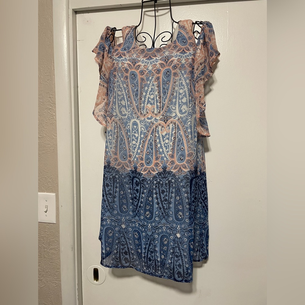 Elegant Blue and Peach Paisley Dress
